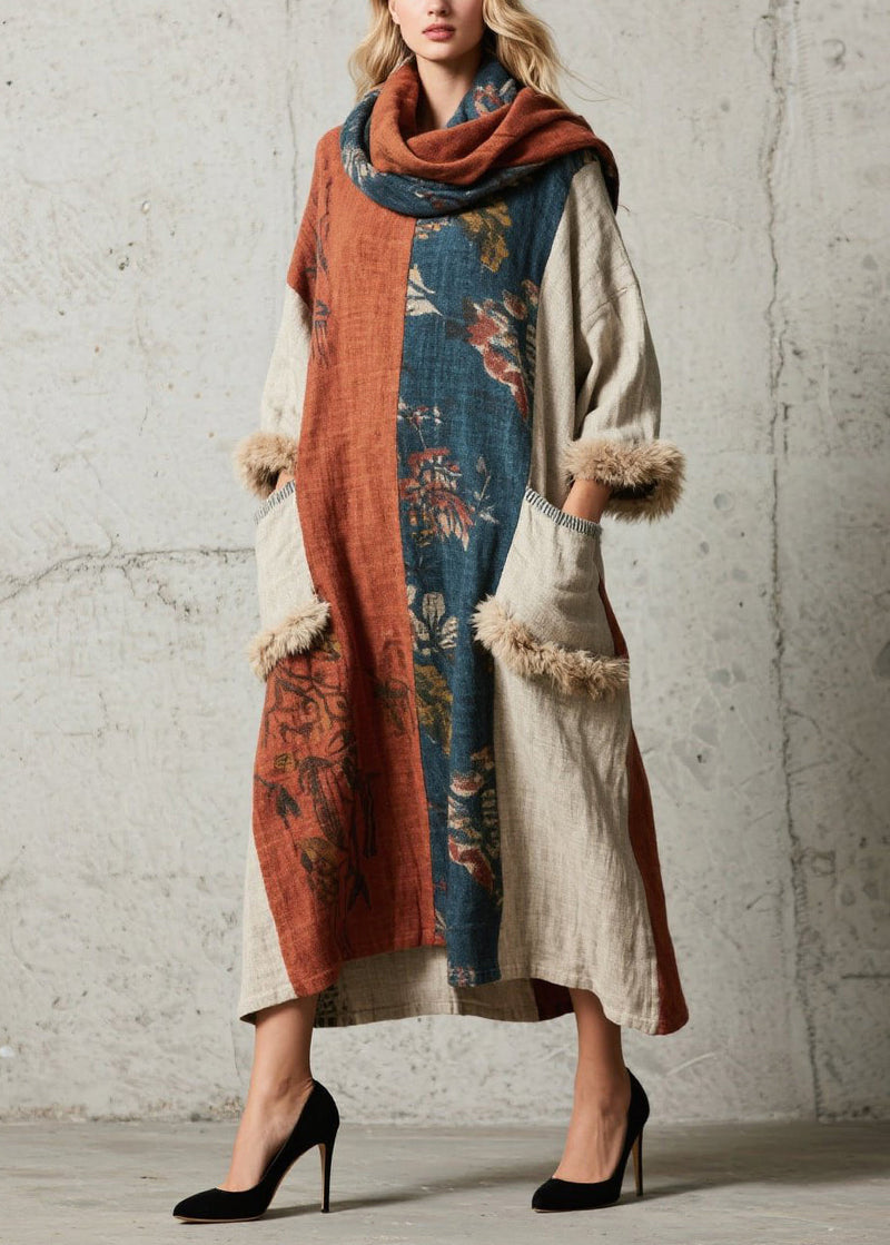 Oversized Patchwork Faux Fur With Pockets Ankle Dress Fall