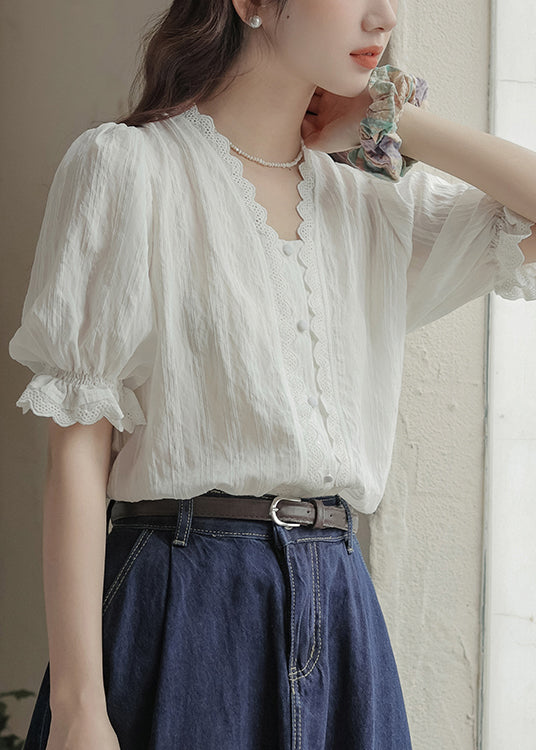 White V Neck Patchwork Lace Top Summer