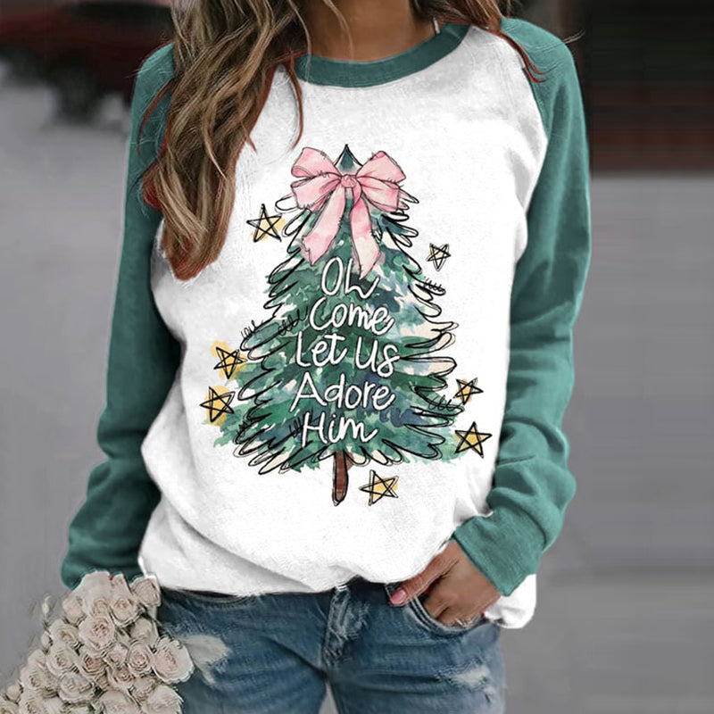 Comstylish Christmas Tree Print Crew Neck Casual Sweatshirt