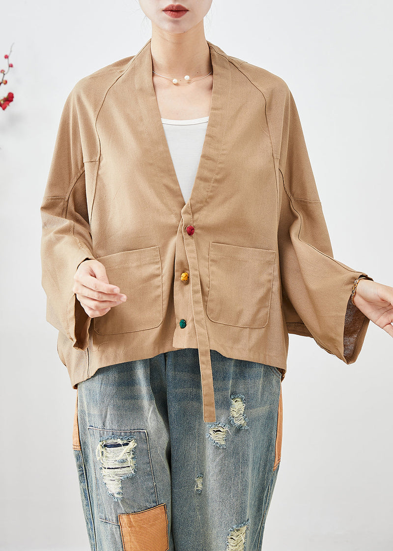 Khaki Oversized Pockets Linen Jackets Batwing Sleeve