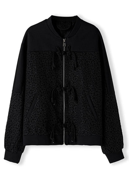 Jacquard Black O-neck Zippered Pockets Coats Fall