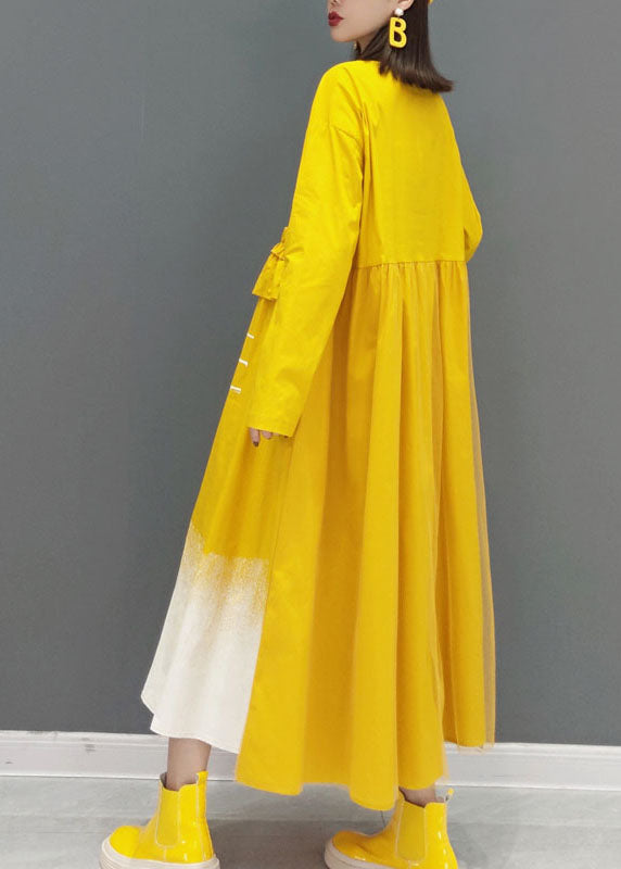 Yellow Print Long Dress Button Cinched Spring