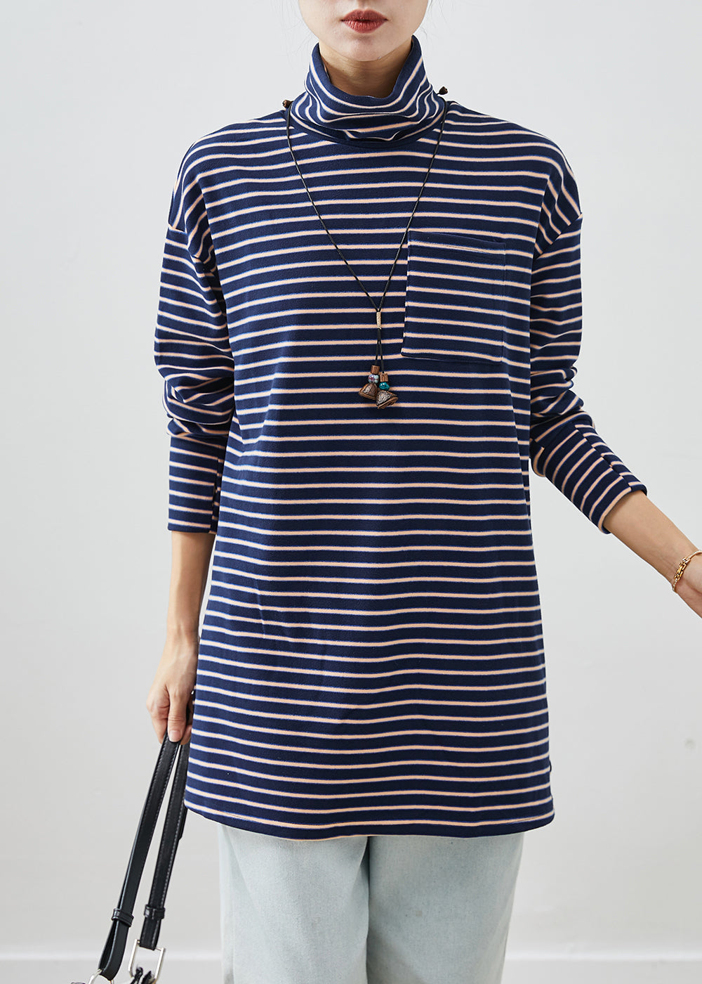 Blue Turtle Neck Striped Cotton Shirt Top Fall