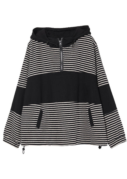Black Patchwork Striped Hooded Pockets Fall Pullover