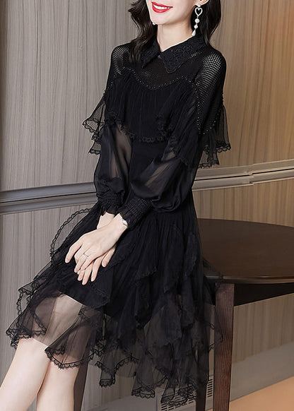French Black Ruffled Asymmetrical Patchwork Tulle Dress Spring