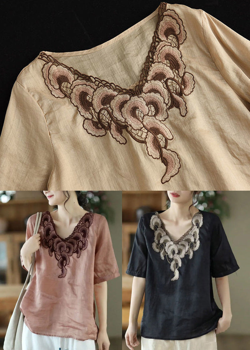 Black V Neck Embroidered Linen Shirts