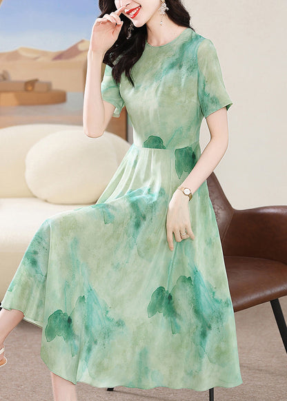 New Green O Neck Print Silk Dress Summer