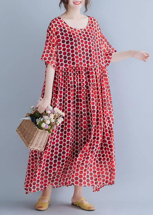 Red Dotted O Neck Cinched Long Summer Dresses