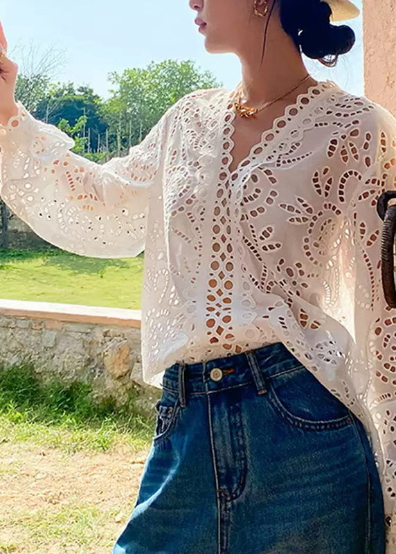 White V Neck Embroidered Hollow Out Shirt Summer