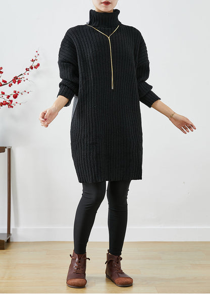 Italian Black Grey Turtle Neck Patchwork Knit Wear on Both Sides Sweater Dress Winter