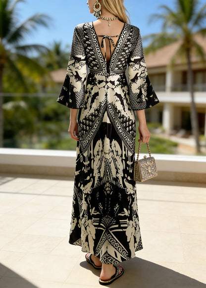 Black V Neck Print Holiday Dress Flare Sleeve