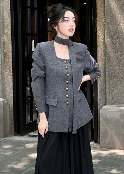 Grey Button Pockets Patchwork Cotton Coat Long Sleeve