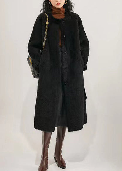 Black O Neck Pocketspatchwork Wool Coat Winter