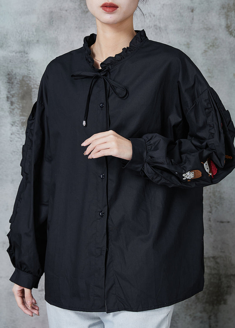 Diy Black Character Embroidered Cotton Top Spring