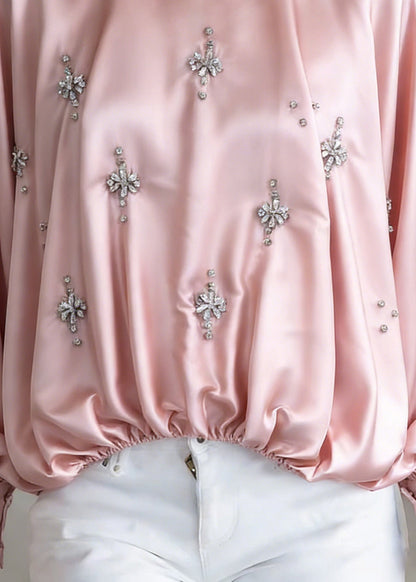 Handmade Pink Zircon Wrinkled Silk Shirt Batwing Sleeve