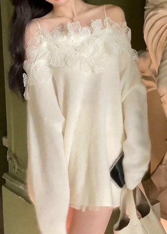 White Slash Neck Cozy Cotton Knit Spaghetti Sweaters Winter