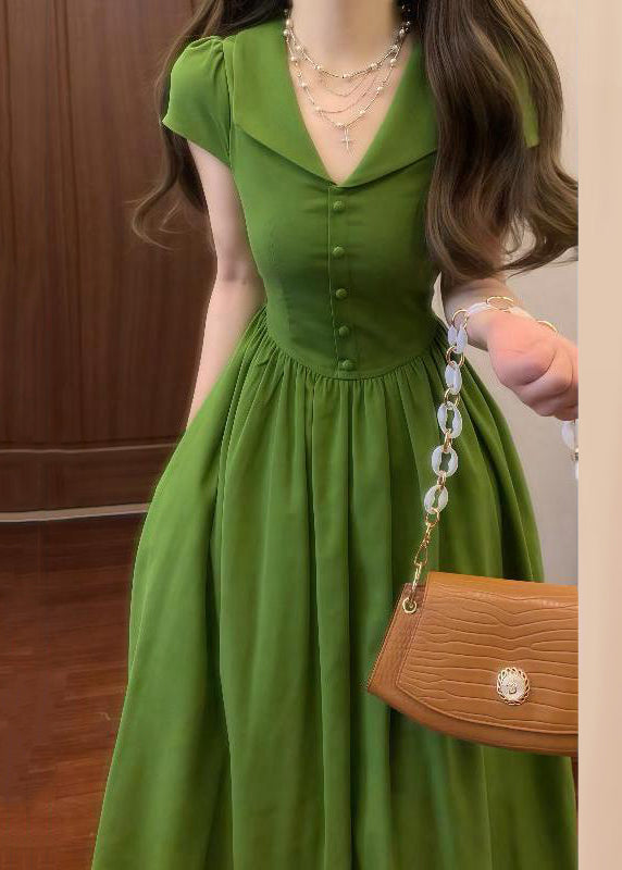 Green V Neck Wrinkled High Waist Cotton Maxi Dresses Summer