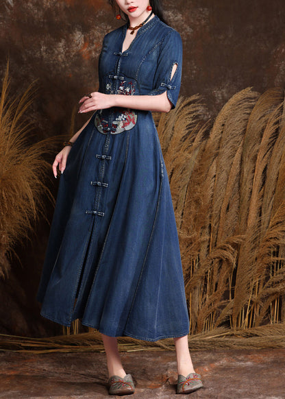 Organic Denim Blue V Neck Embroidered Patchwork Long Dresses Short Sleeve Summer