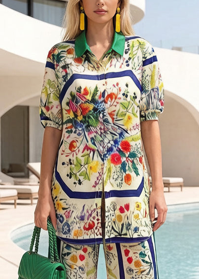 Print Side Open Silk Shirt and Straight Pants Two Pieces Set Summer