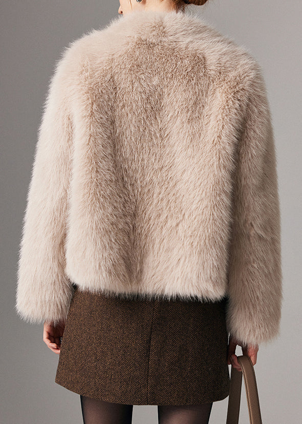 Beige Zippered Pockets Leather and Fur Winter Coat Peter Pan Collar