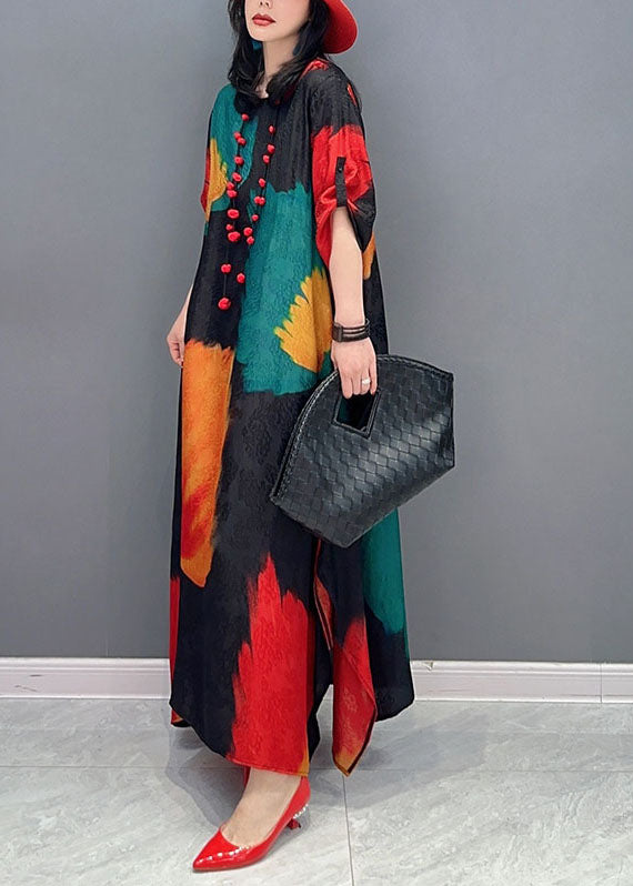 Colorblock O Neck Print Patchwork Cotton Maxi Dress Spring