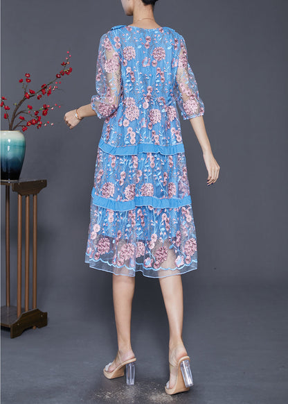 Modern Lake Blue Ruffled Patchwork Embroideried Tulle Dress Summer
