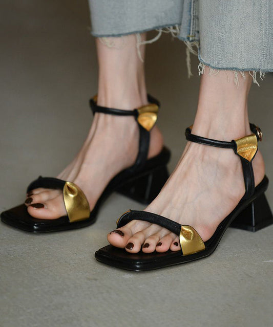 Splicing Chunky Sandals Black Cowhide Leather