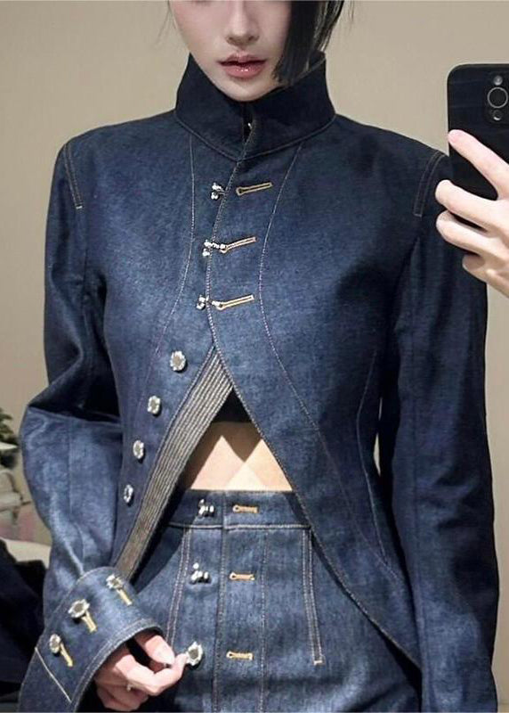 Blue Turtleneck Asymmetrical Patchwork Denim Coats and Skirts Two Pieces Set Fall