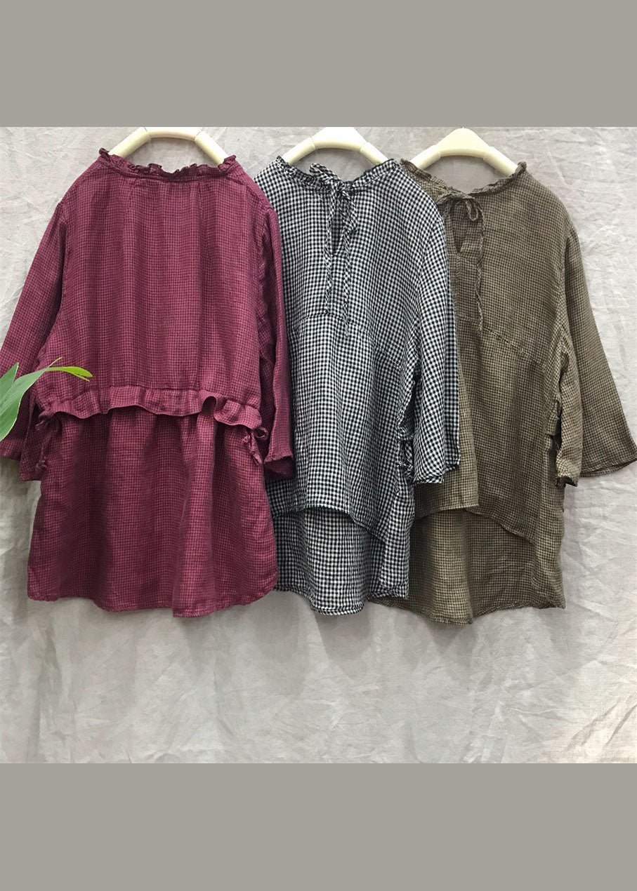 Natural Red Ruffled Plaid Flare Sleeve Blouse Tops