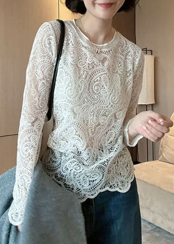 Italian Beige O-neck Hollow Out Lace Top Spring