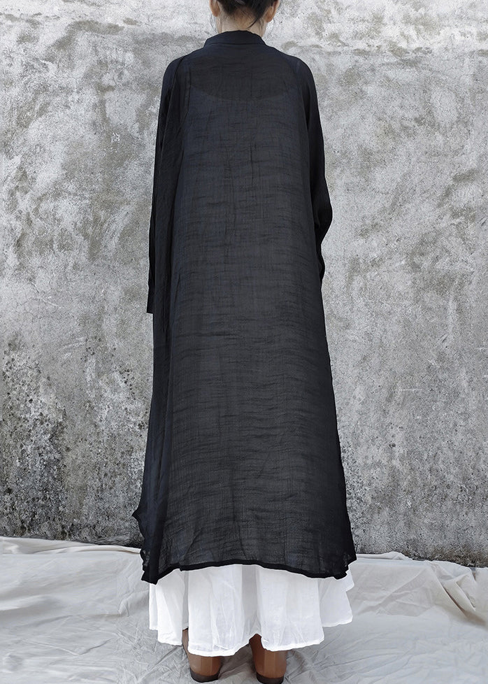 Loose Black Low High Design Peter Pan Collar Linen Tops Long Sleeve Fall