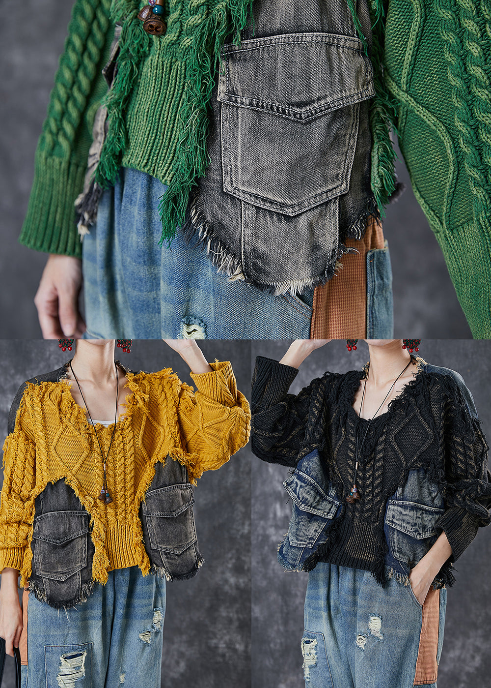Art Yellow Oversized Patchwork Pockets Knit Sweaters Winter
