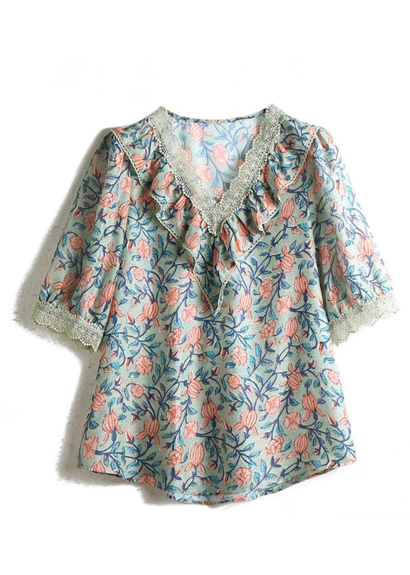 V Neck Print Chiffon Tops Short Sleeve