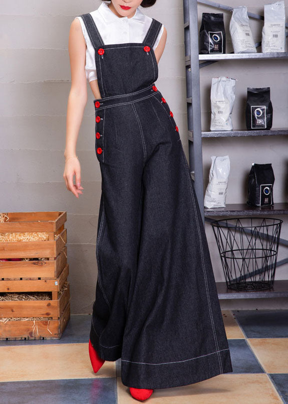 Navy Button Denim Strap Wide Leg Jumpsuit Fall