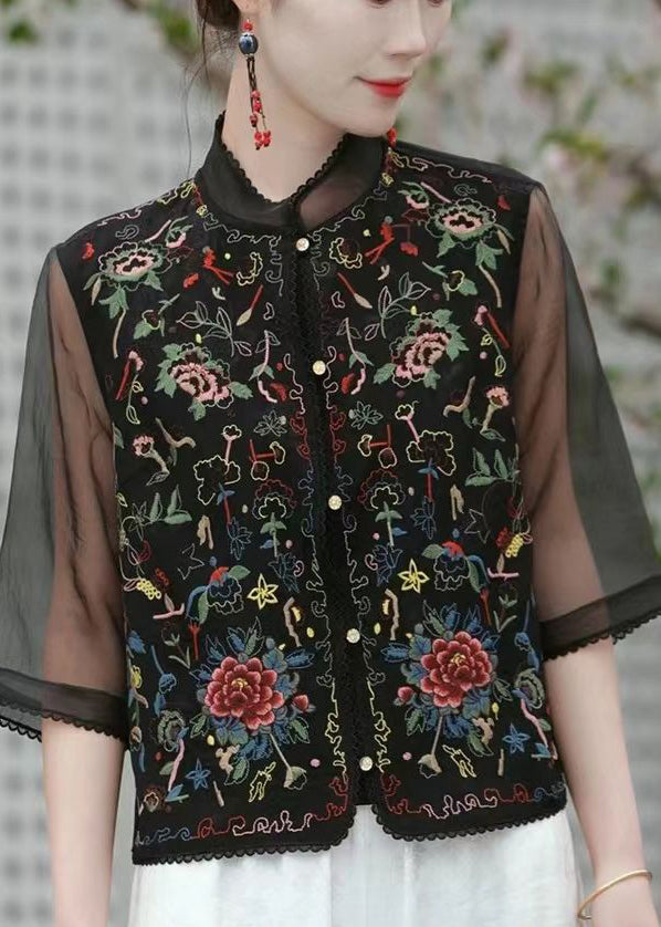 Black Printing Patchwork Linen Silk Top Half Sleeve