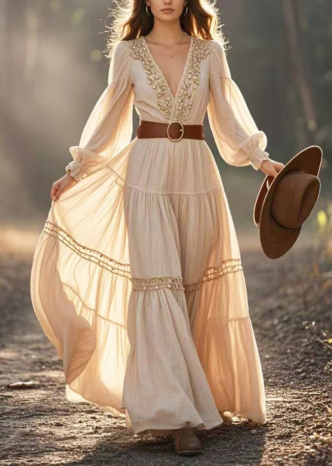 Beige Cinched Fuzzy Ball Decorated Exra Large Hem Dresses Spring