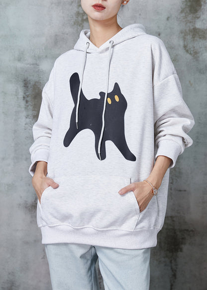 Grey Hooded Cat Print Warm Fleece Sweatshirt Tops Spring
