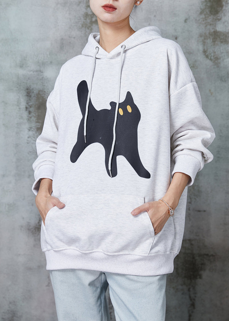 Grey Hooded Cat Print Warm Fleece Sweatshirt Tops Spring