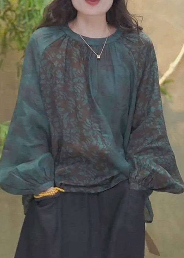 Blackish Green O Neck Print Cotton Top Lantern Sleeve