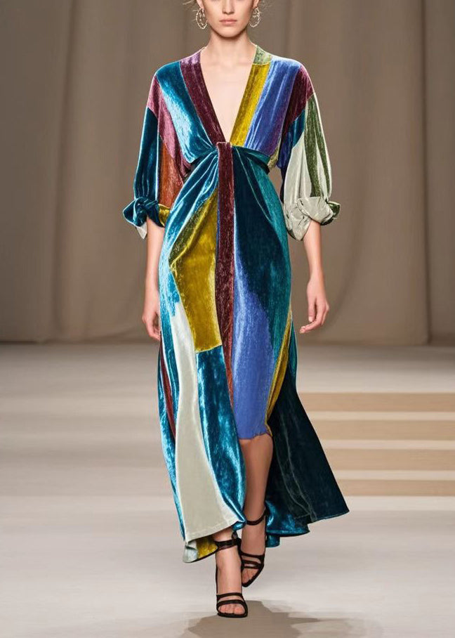 Simple Colorblock V Neck Patchwork Silk Velour Party Dress Fall