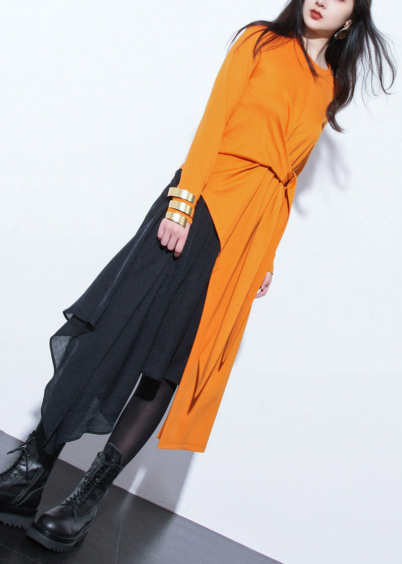 Orange Asymmetrical Design Patchwork Tie Waist Maxi Top Fall