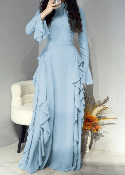 Pink High Waist Chiffon Maxi Dresses Flare Sleeve