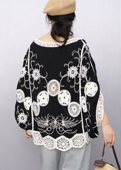 Black Print Hollow Out Tanks Batwing Sleeve