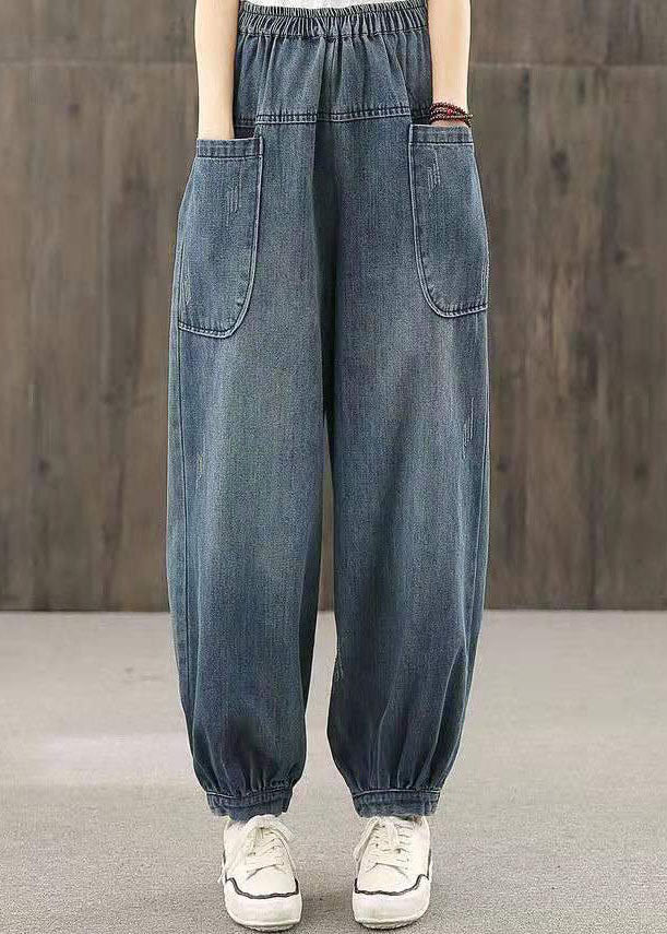 Blue Elastic Waist Big Pockets Patchwork Cotton Denim Harem Pants Summer