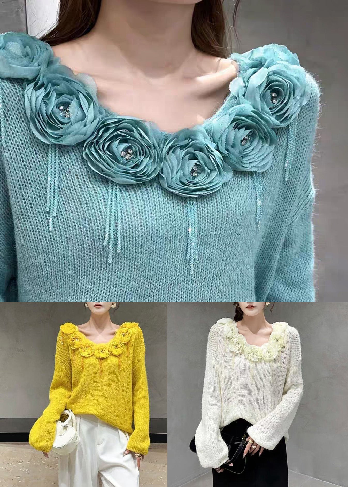 Beige V Neck Nail Bead Cozy Knit Sweater