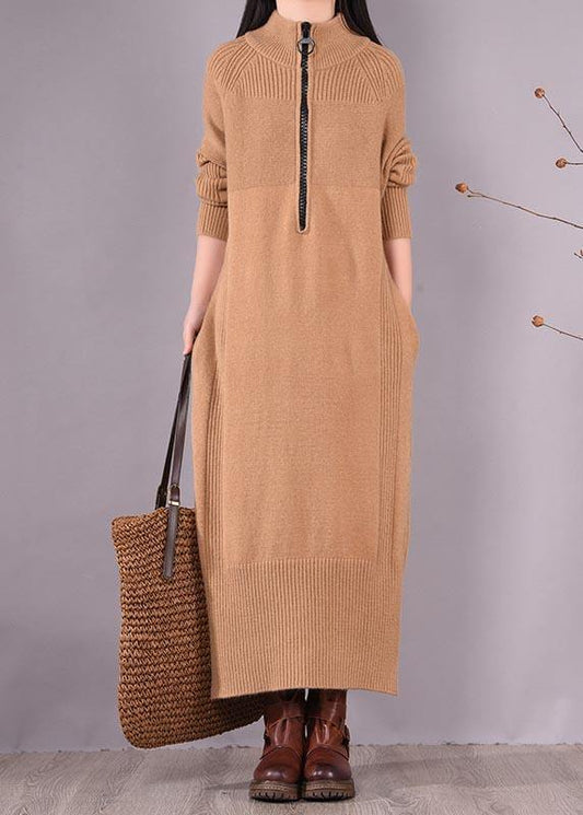 French Khaki Dress Zippered Pockets Dresses Spring Dress