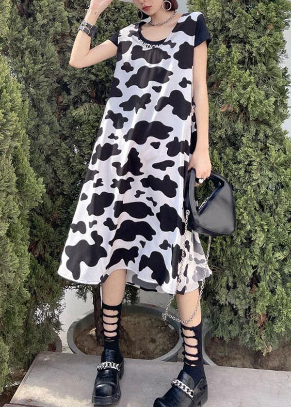 White Printsideopen Summer Short Sleeve Long Dress