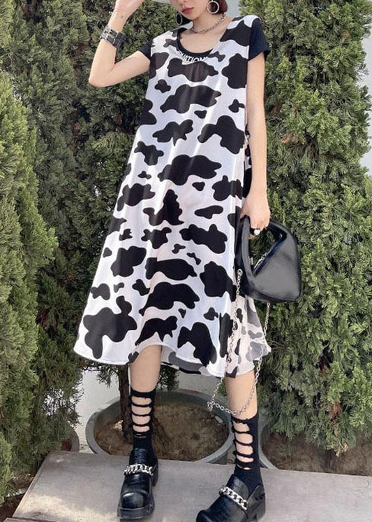 White Printsideopen Summer Short Sleeve Long Dress