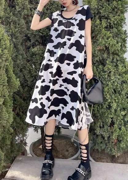 White Printsideopen Summer Short Sleeve Long Dress