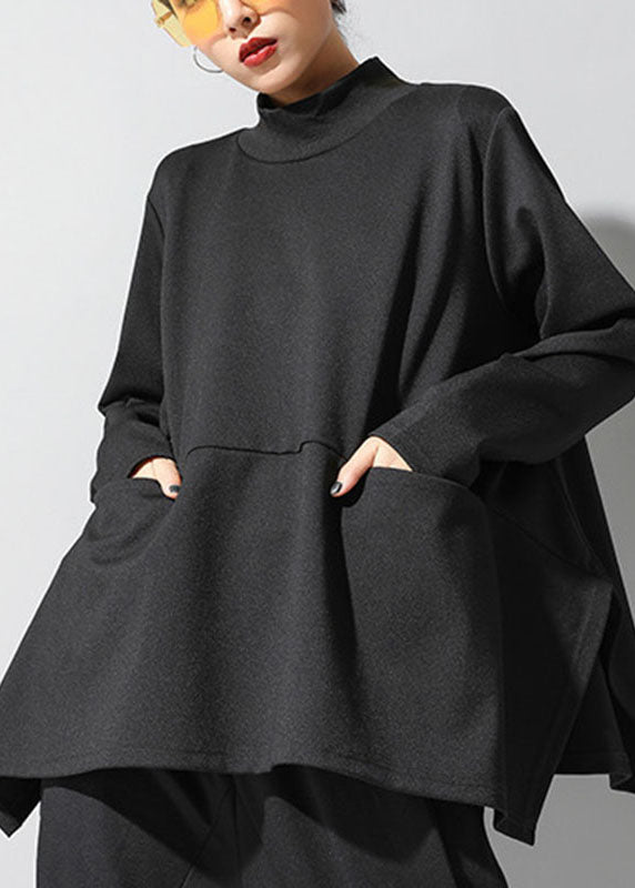 Boutique Black Loose Pockets Side Open Fall Long Sleeve Top